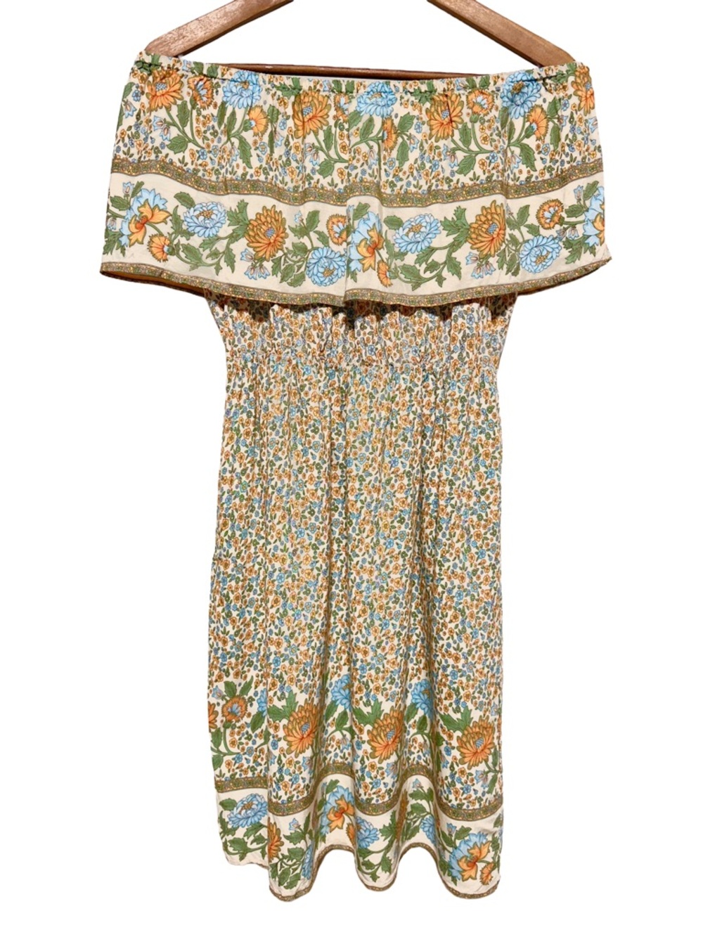 Off-Shoulder Floral Midi Dress in Cream and Green